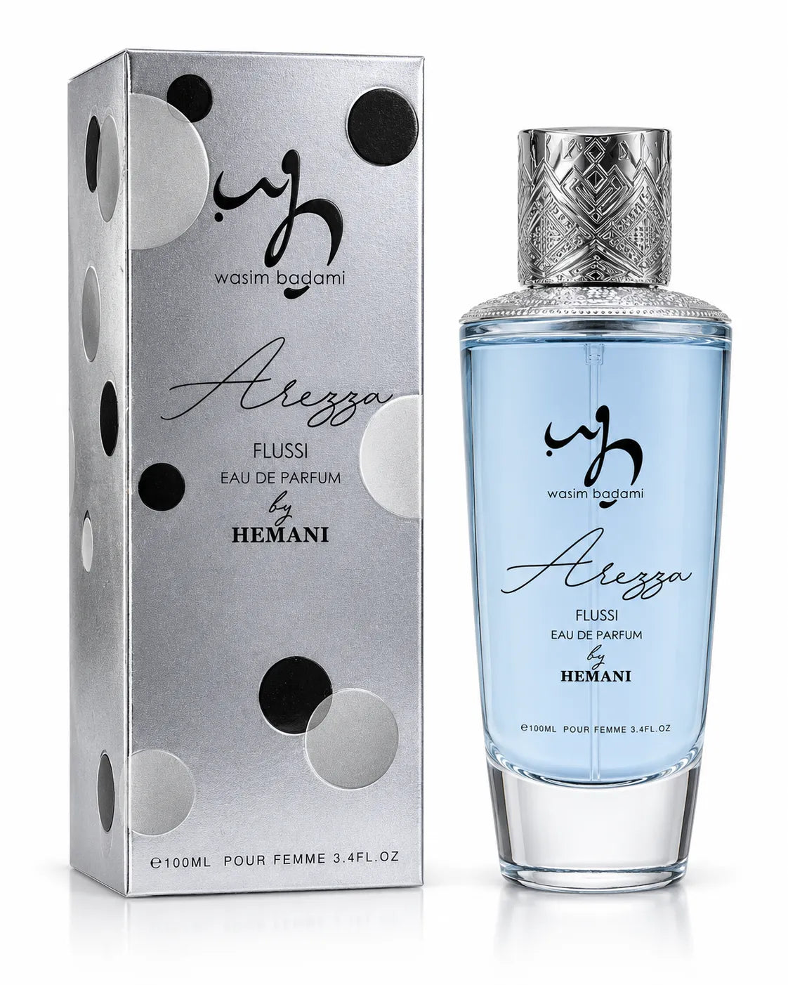 Hemani Arezza Flussi Eau De Parfum 100ml bottle with silver box