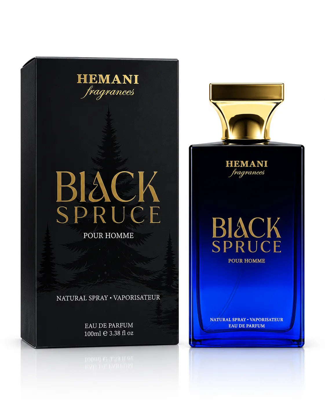 Hemani Black Spruce Eau De Parfum 100ml bottle with black box on white background