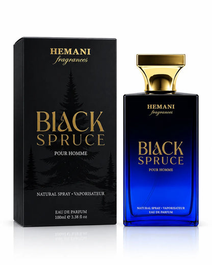 Hemani Black Spruce Eau De Parfum 100ml bottle with black box on white background