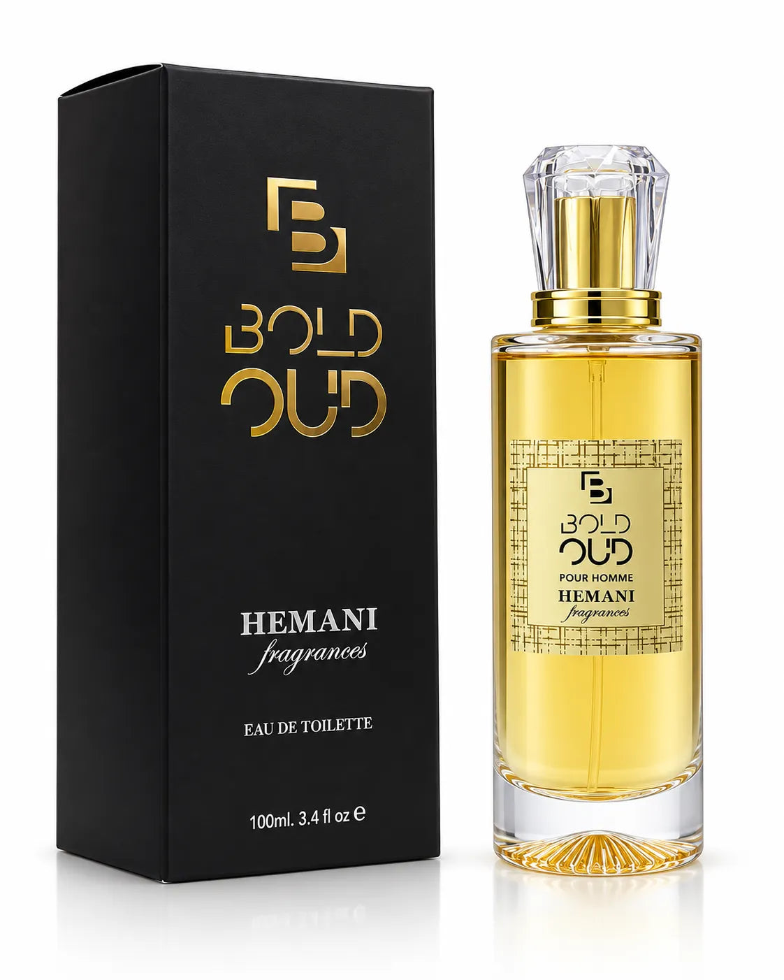Hemani Bold Oud Eau De Toilette 100ml bottle with black box on white background