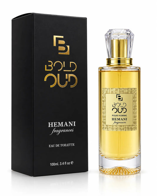Hemani Bold Oud Eau De Toilette 100ml bottle with black box on white background