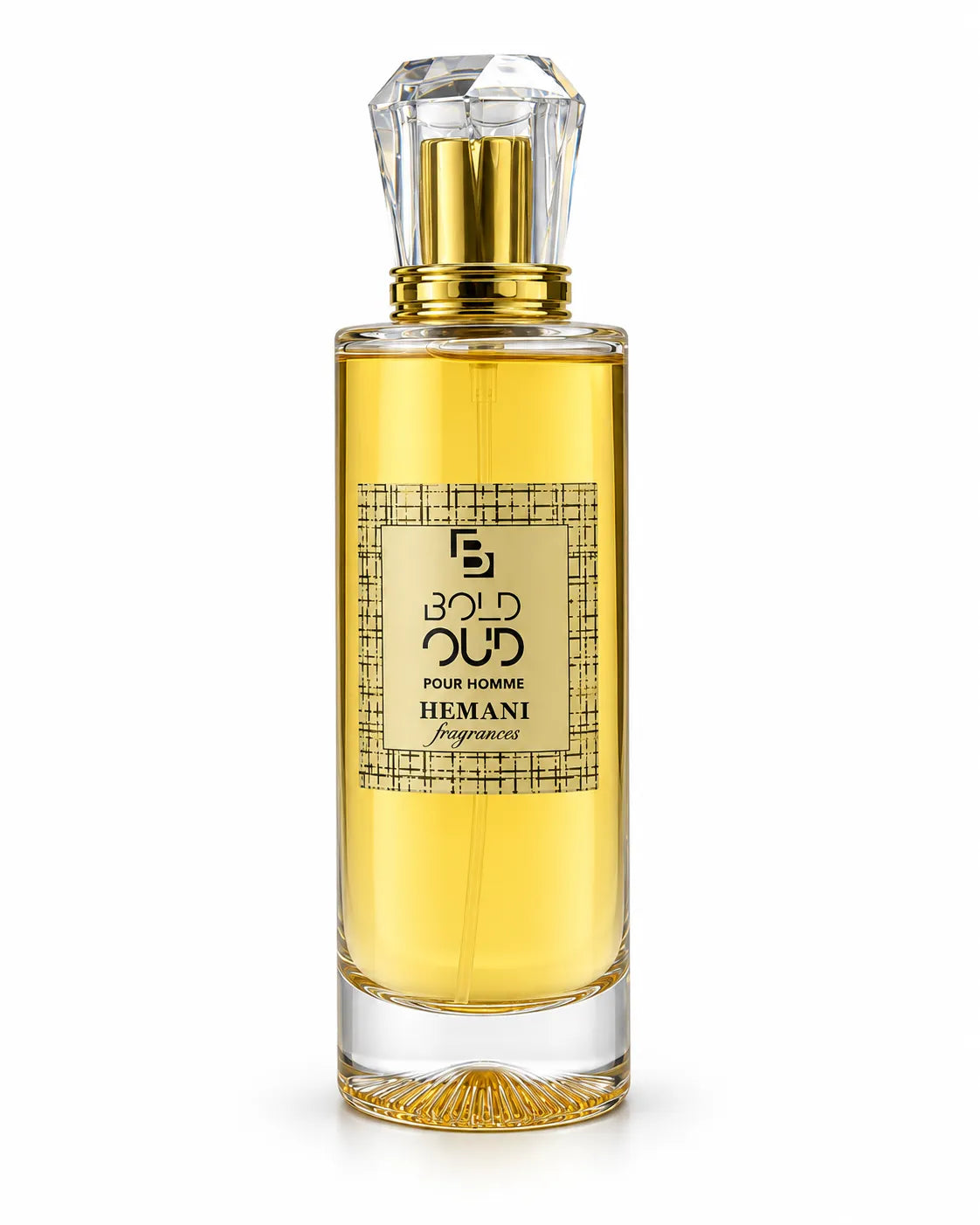 Hemani Bold Oud men perfume with golden liquid and crystal style cap