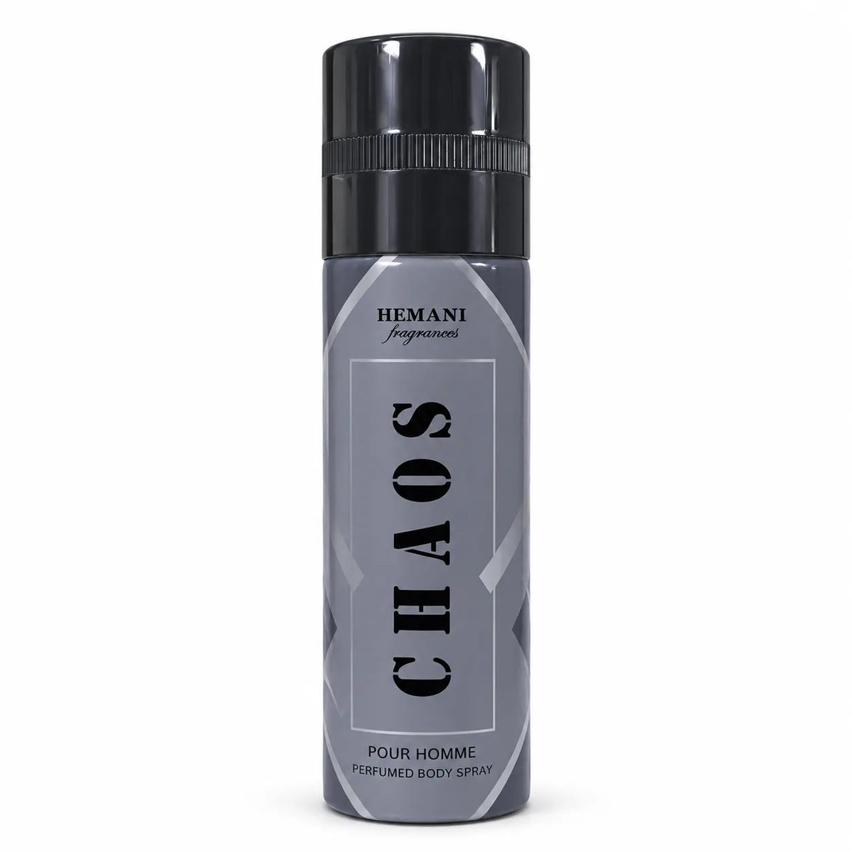 Hemani Chaos Perfumed Body Spray 200ml for men in grey and black aerosol can with silver detailing on white background