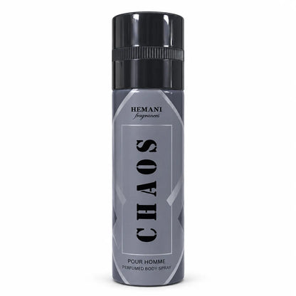 Hemani Chaos Perfumed Body Spray 200ml for men in grey and black aerosol can with silver detailing on white background