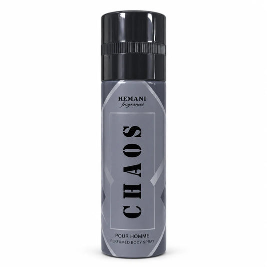 Hemani Chaos Perfumed Body Spray 200ml for men in grey and black aerosol can with silver detailing on white background