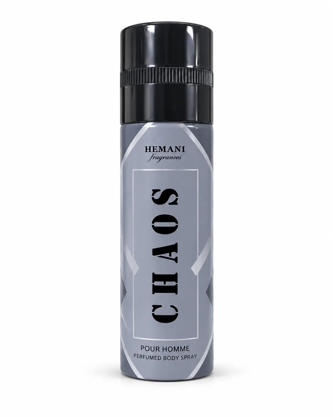 Hemani Chaos Perfumed Body Spray 200ml for men in grey and black aerosol can with silver detailing on white background