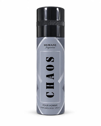 Hemani Chaos Perfumed Body Spray 200ml for men in grey and black aerosol can with silver detailing on white background