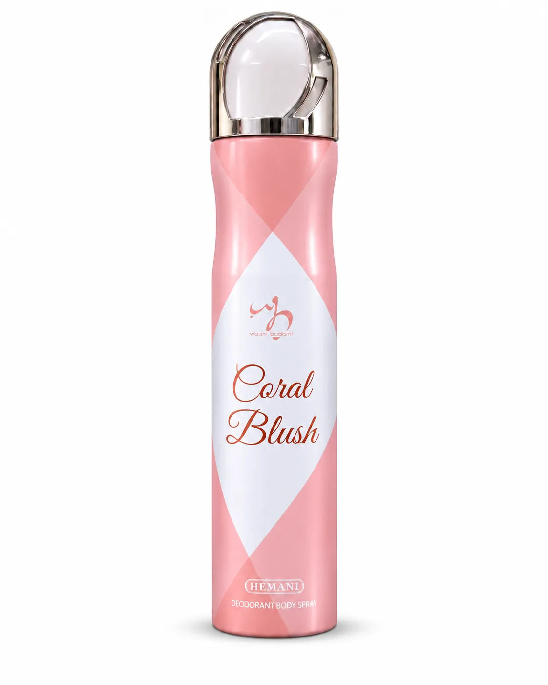 Hemani Coral Blush Deodorant Body Spray 200ml coral pink and silver bottle on white background