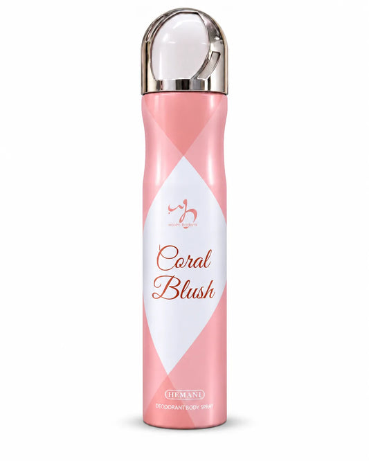 Hemani Coral Blush Deodorant Body Spray 200ml coral pink and silver bottle on white background