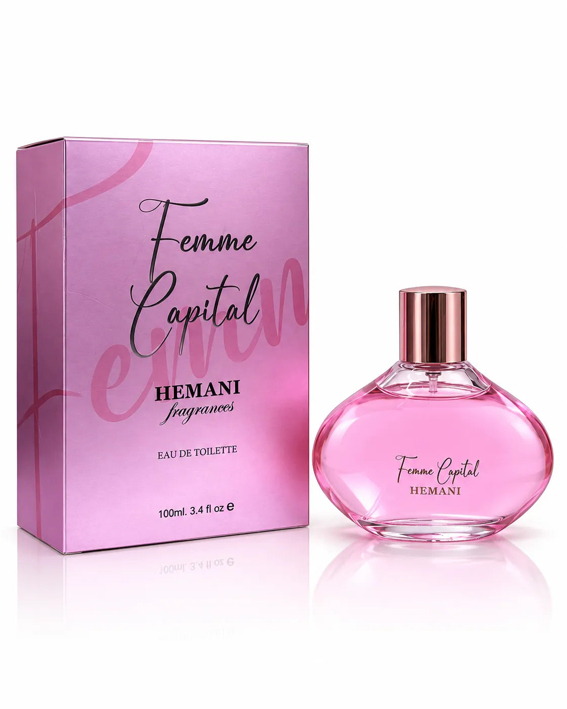 Hemani Femme Capital Eau De Toilette 100ml pink perfume bottle with matching box