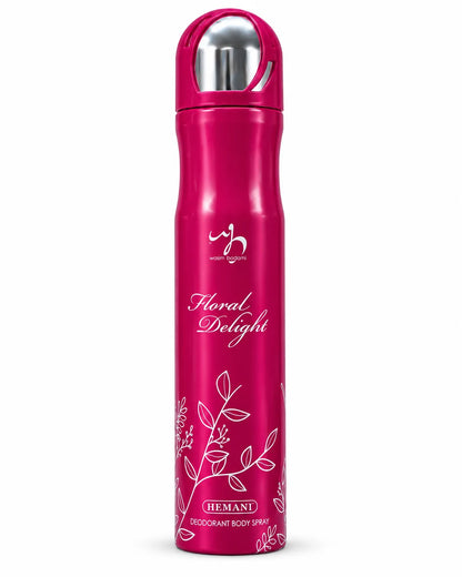 Hemani Floral Delight Deodorant Body Spray 200ml deep pink bottle with white floral design on white background