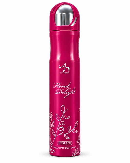 Hemani Floral Delight Deodorant Body Spray 200ml deep pink bottle with white floral design on white background