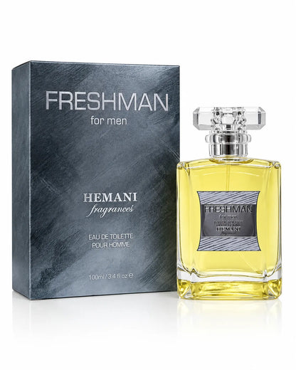 Hemani Freshman Eau De Toilette 100ml bottle with grey box on white background