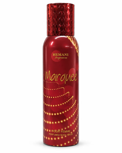 Hemani Marquee Perfumed Body Spray 200ml for women in red aerosol can with gold decorative detailing and textured red cap on white background