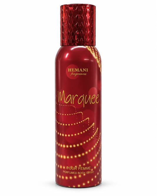 Hemani Marquee Perfumed Body Spray 200ml for women in red aerosol can with gold decorative detailing and textured red cap on white background