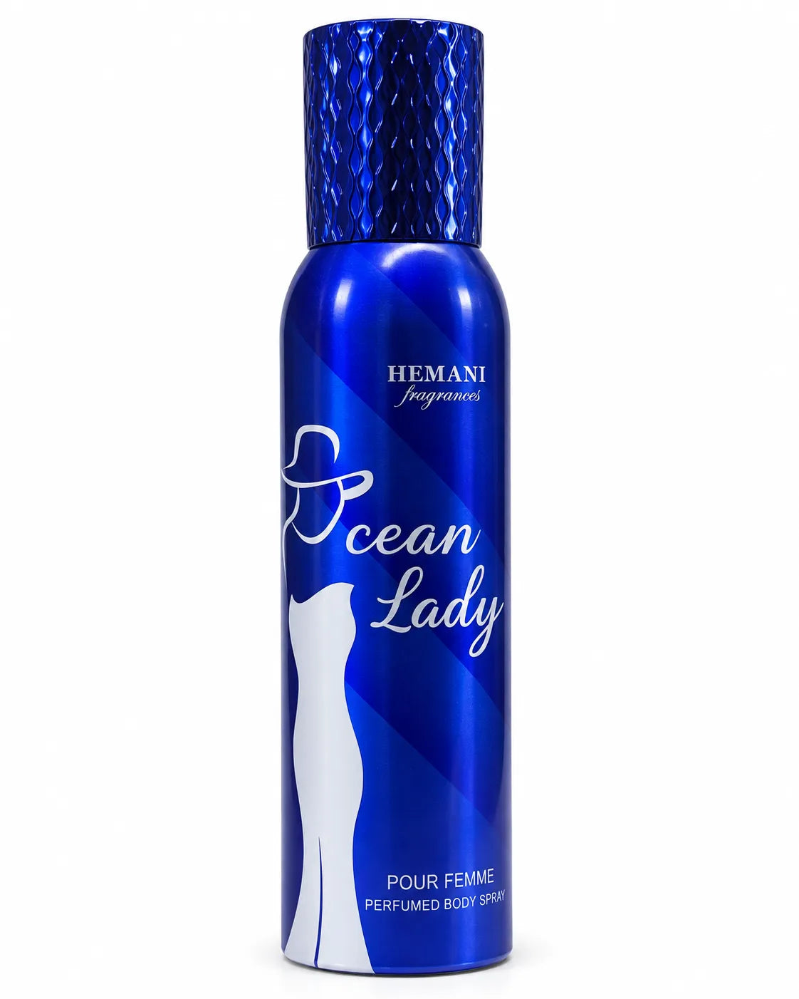Hemani Ocean Lady Perfumed Body Spray 200ml for women in metallic blue aerosol can with white silhouette design on white background