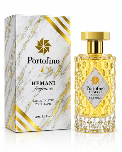Hemani Portofino Pour Femme perfume with faceted glass bottle and gold cap