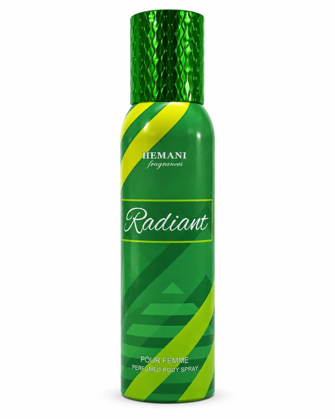 Hemani Radiant Perfumed Body Spray 200ml for women in green aerosol can with lime-yellow accents and textured green cap on white background