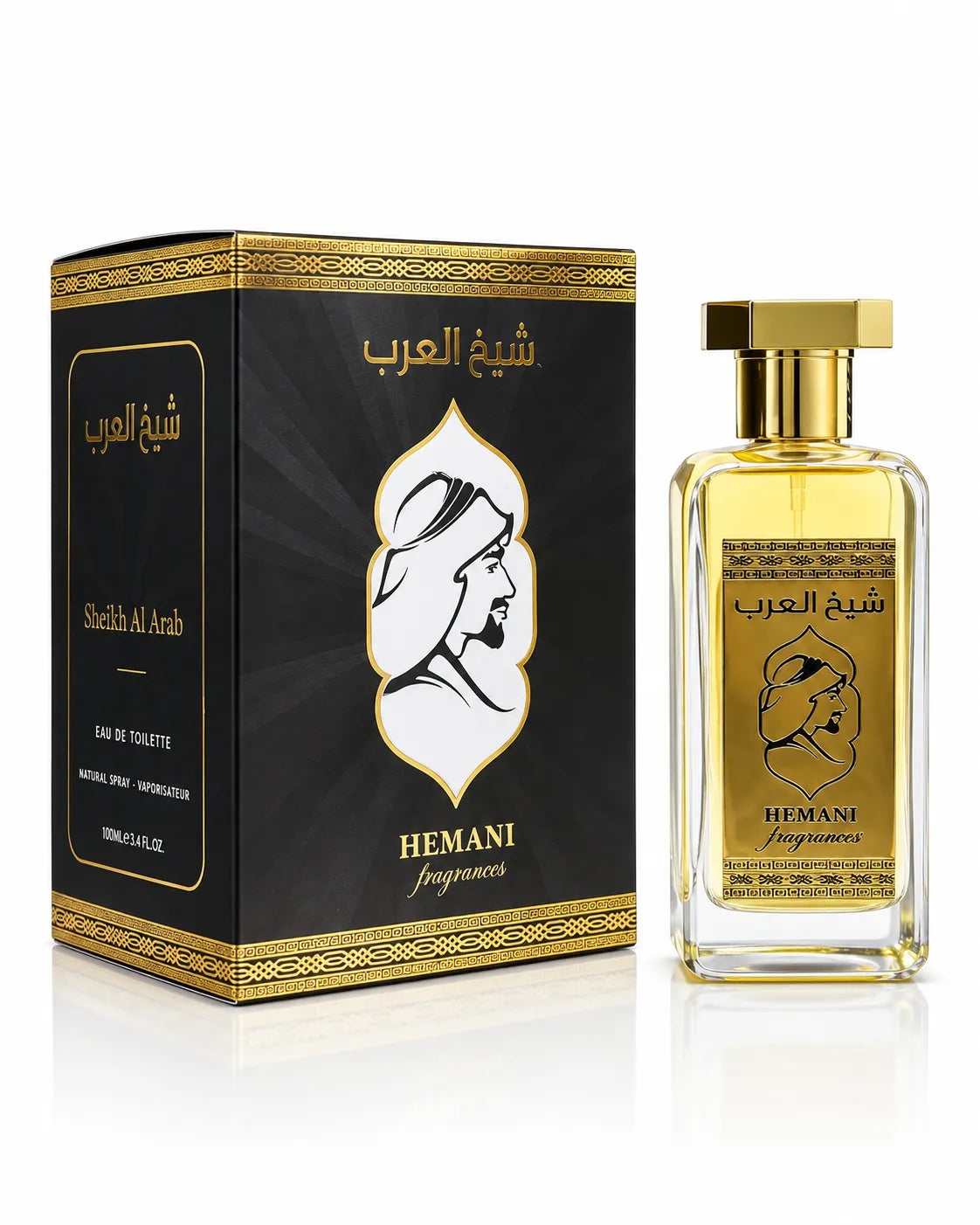 Hemani Sheikh Al Arab Eau De Toilette bottle with black and gold box on white background