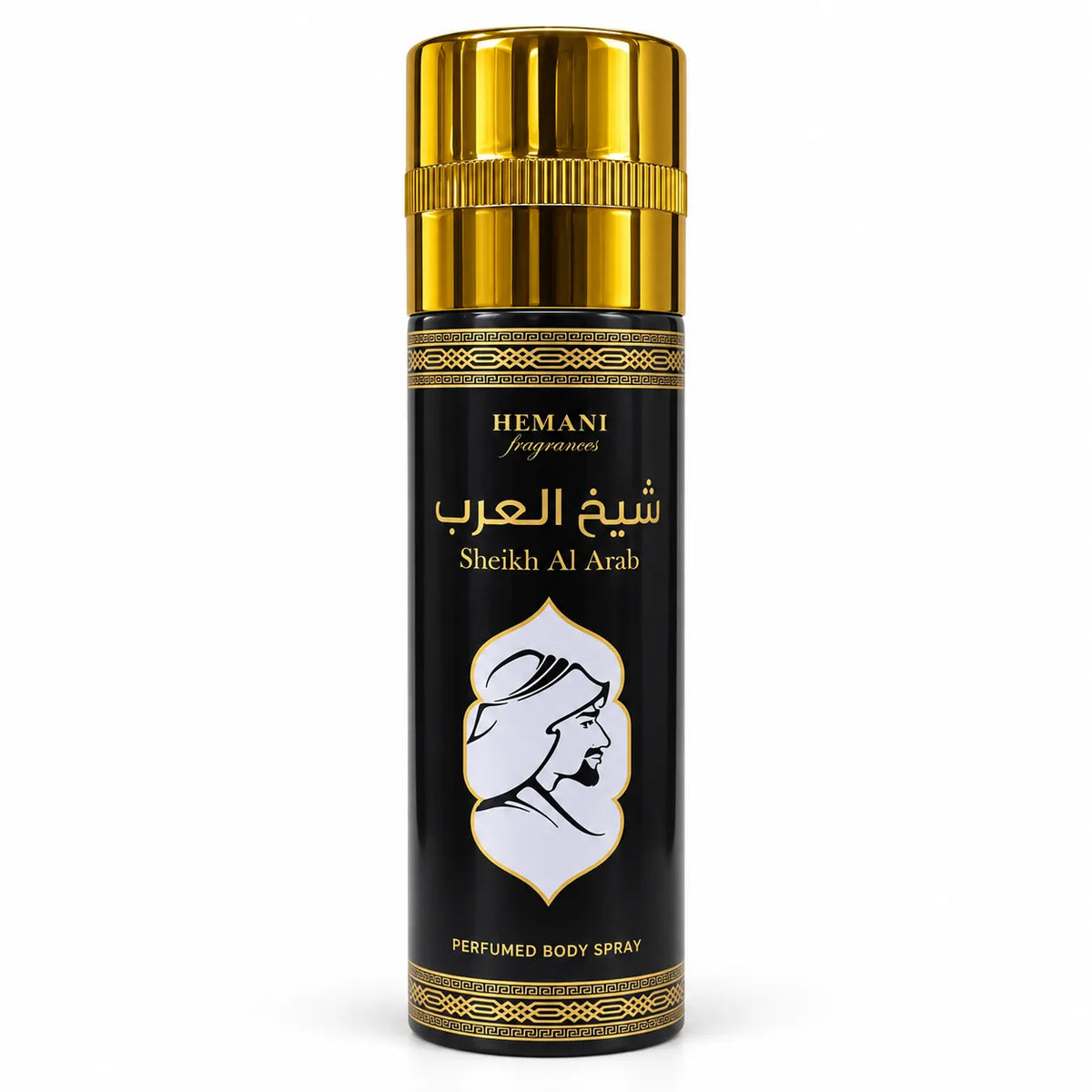 Hemani Sheikh Al Arab Perfumed Body Spray 200ml black and gold aerosol can with Arabic-inspired design on white background