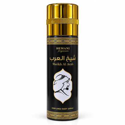 Hemani Sheikh Al Arab Perfumed Body Spray 200ml black and gold aerosol can with Arabic-inspired design on white background