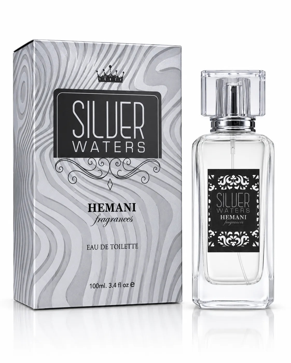 Hemani Silver Waters Eau De Toilette 100ml bottle with silver box on white background