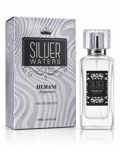 Hemani Silver Waters Eau De Toilette 100ml bottle with silver box on white background