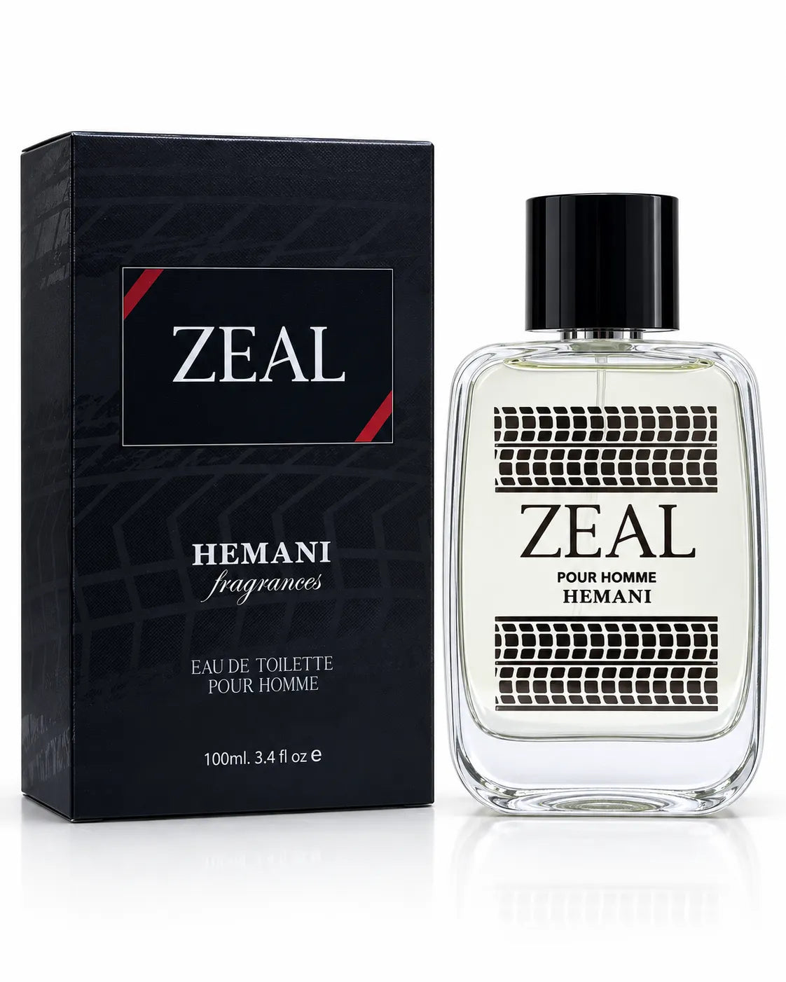 Hemani Zeal Eau De Toilette 100ml bottle with black box on white background