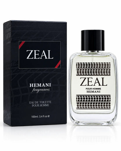 Hemani Zeal Eau De Toilette 100ml bottle with black box on white background