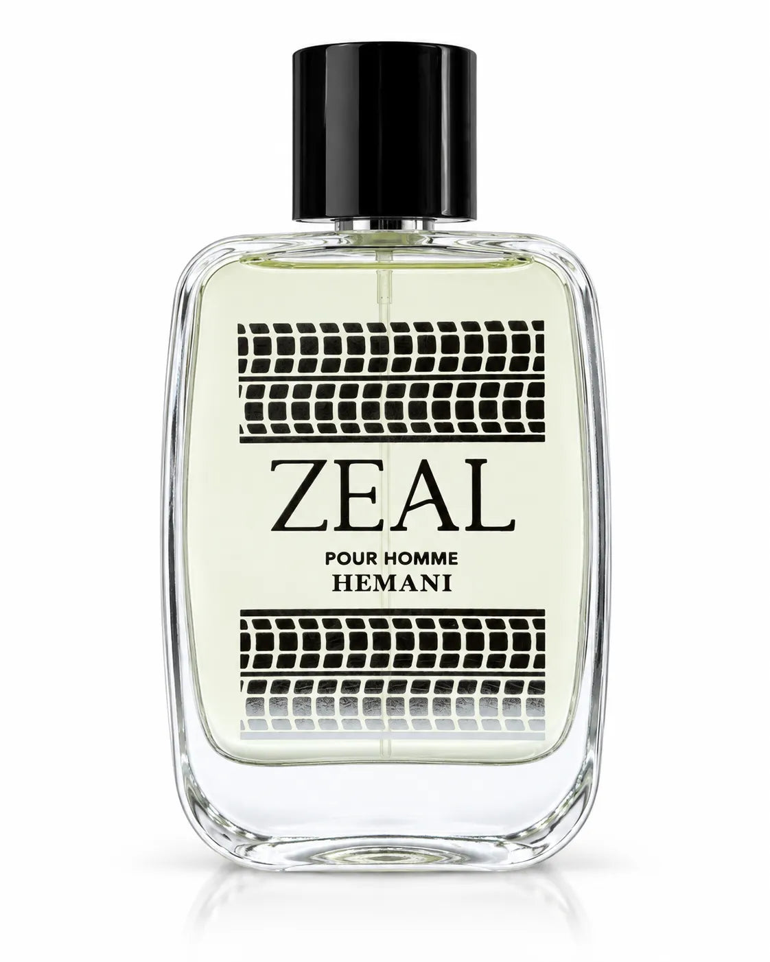 Hemani Zeal Pour Homme clear perfume bottle with black cap