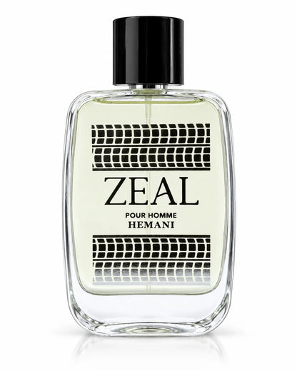 Hemani Zeal Pour Homme clear perfume bottle with black cap