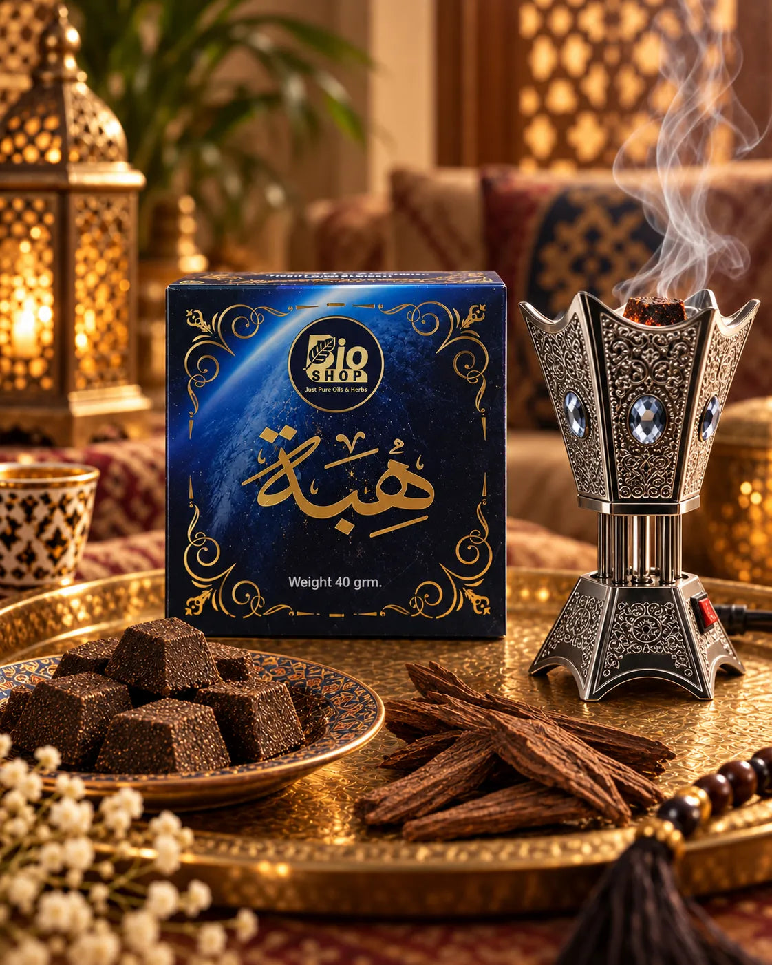 Bakhoor Hiba blue and gold box with electric bakhoor burner