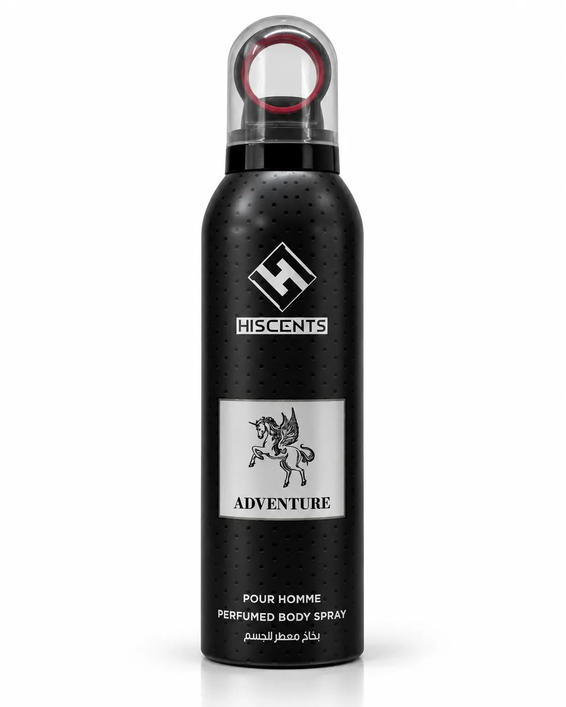 Hiscents Adventure Perfumed Body Spray 200ml black aerosol can with silver label and winged horse design for men
