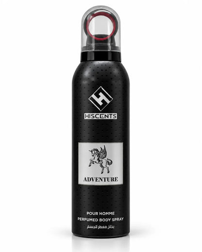 Hiscents Adventure Perfumed Body Spray 200ml black aerosol can with silver label and winged horse design for men