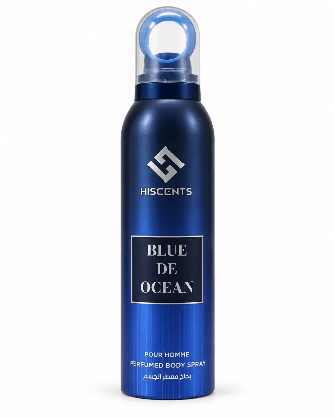 Hiscents Blue De Ocean Perfumed Body Spray 200ml for men in deep blue aerosol can with silver branding on white background