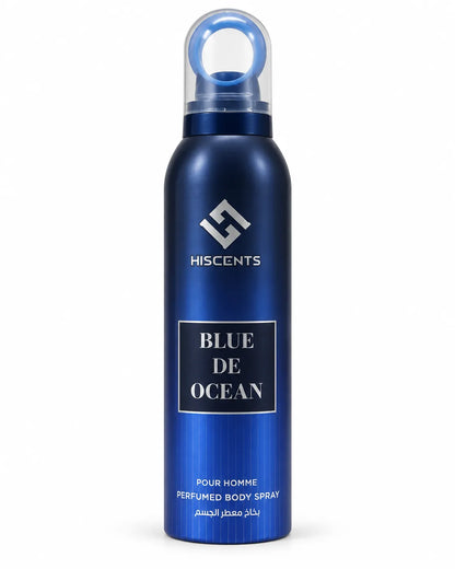 Hiscents Blue De Ocean Perfumed Body Spray 200ml for men in deep blue aerosol can with silver branding on white background