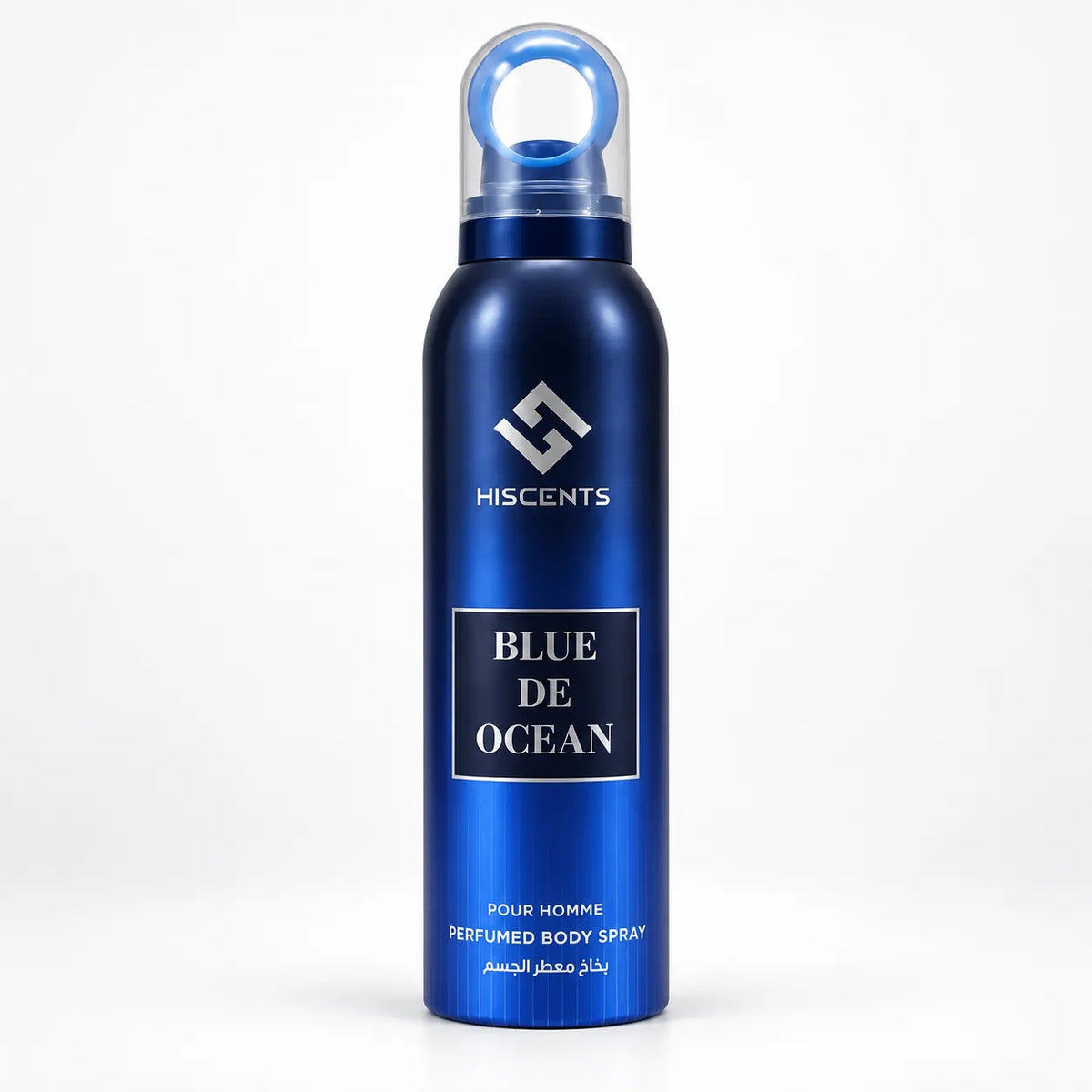 Hiscents Blue De Ocean Perfumed Body Spray 200ml for men in deep blue aerosol can with silver branding on white background