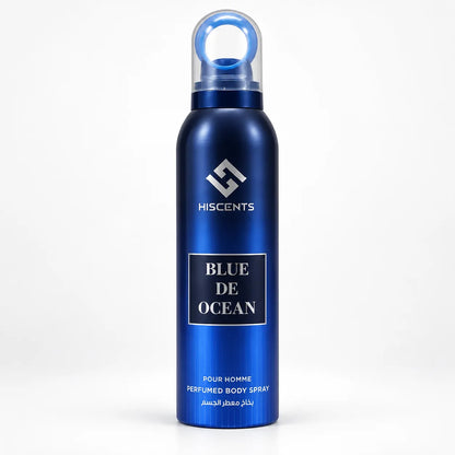 Hiscents Blue De Ocean Perfumed Body Spray 200ml for men in deep blue aerosol can with silver branding on white background