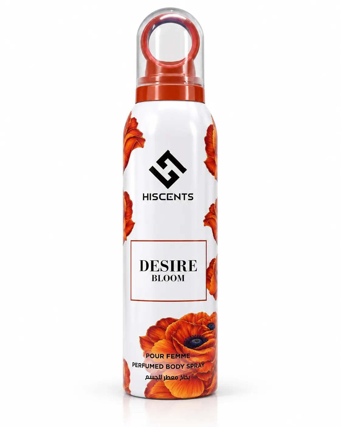 Hiscents Desire Bloom Perfumed Body Spray 200ml for women in white aerosol can with orange floral design on white background