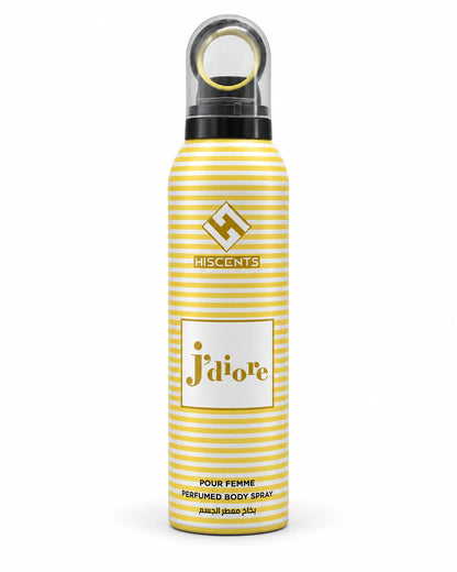Hiscents J’adore Perfumed Body Spray 200ml for women in white and gold striped aerosol can on white background