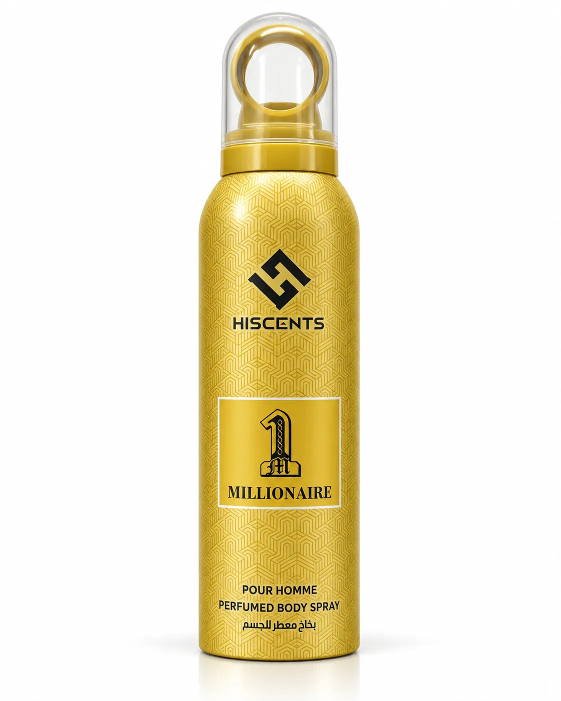 Hiscents Millionaire Perfumed Body Spray 200ml for men in premium golden aerosol can on white background