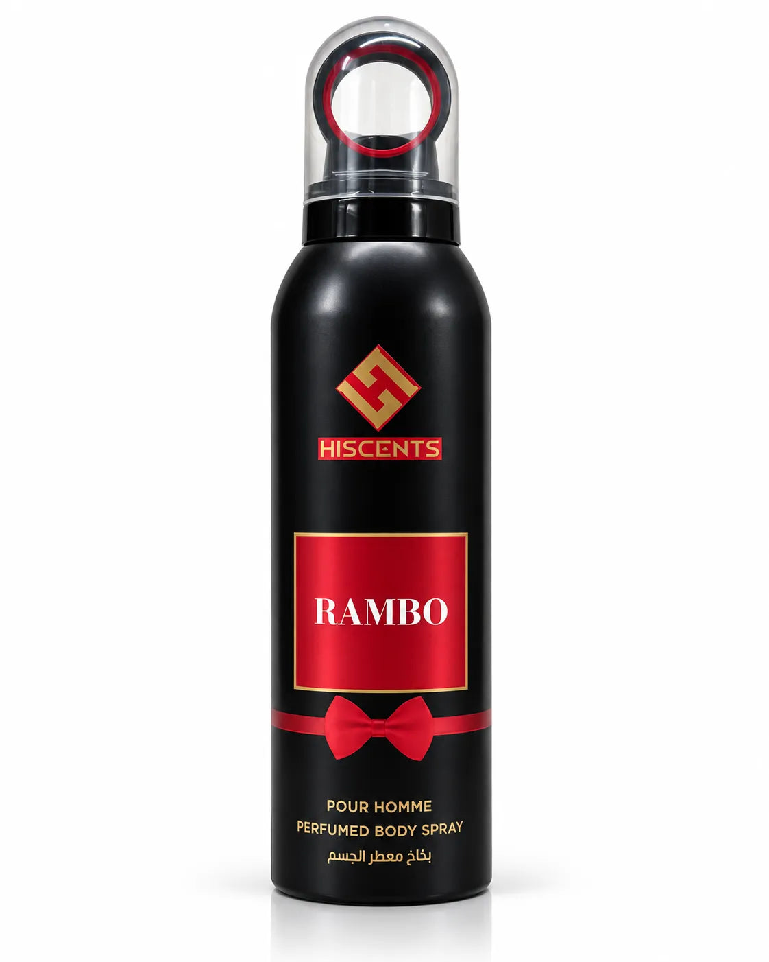 Hiscents Rambo Perfumed Body Spray 200ml black aerosol can with red and gold design for men