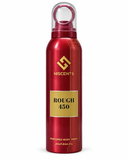 Hiscents Rough 450 Perfumed Body Spray 200ml in metallic red aerosol can with gold branding and transparent protective cap