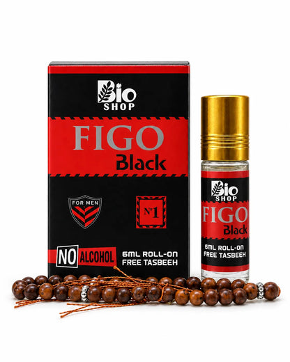 Bio Shop 6ml attar box labelled Hugo Boss, with a black-and-yellow design and grey curves, displaying alcohol-free and free tasbeeh wording.
