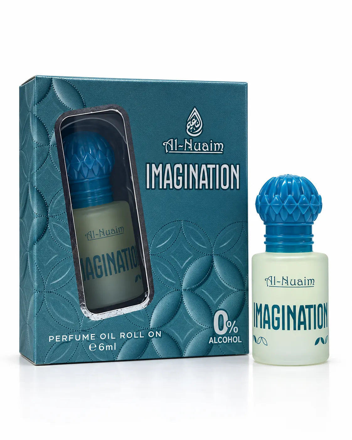Imagination 6ml roll-on attar bottle with decorative blue cap and matching Al-Nuaim retail packaging.