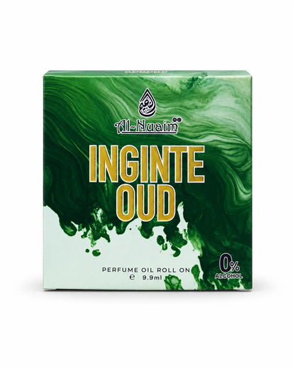 Al-Nuaim Inginte Oud 9.9ml perfume oil box with green swirl artwork, gold lettering, and 0% alcohol labelling.