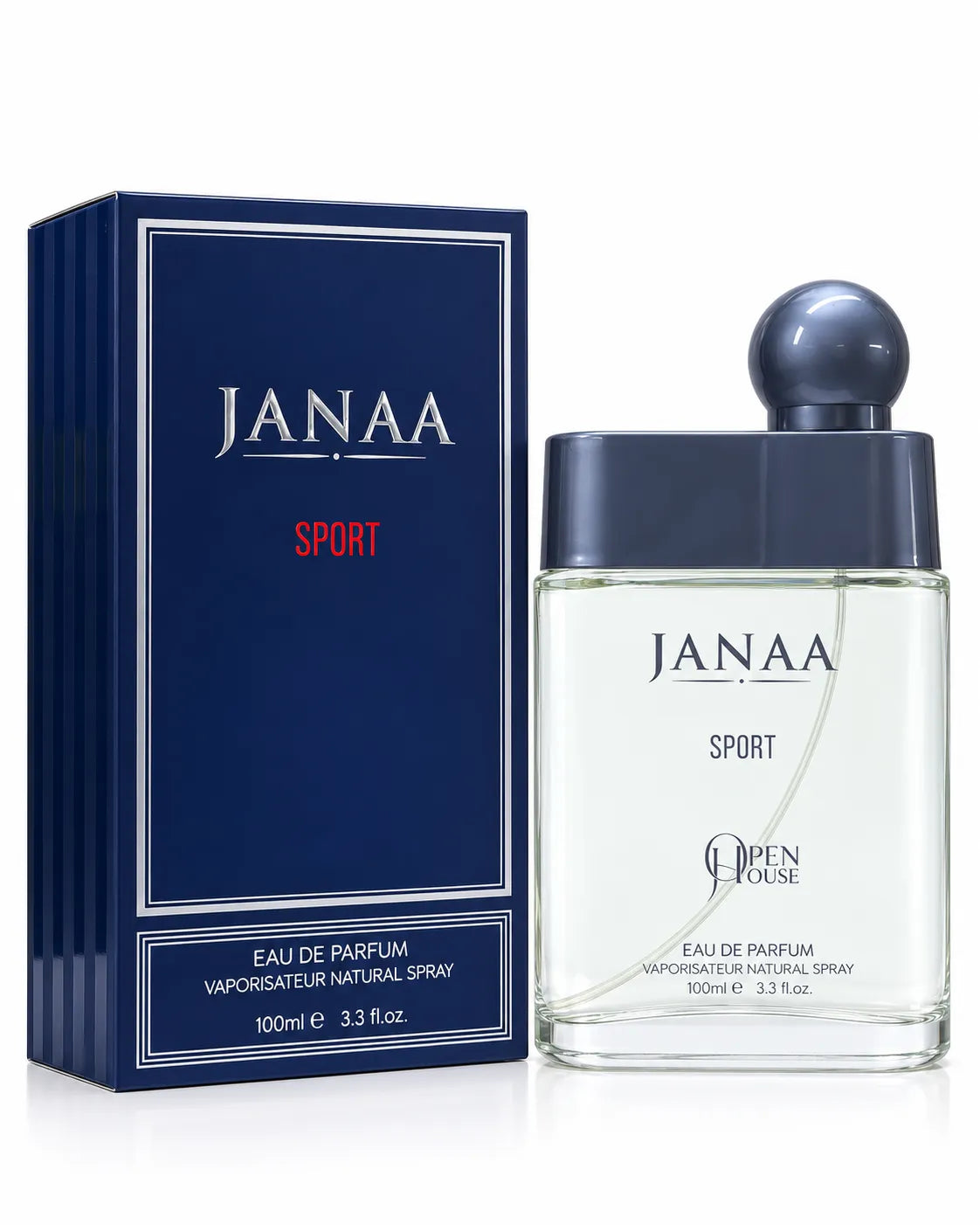  Janaa Sport Open House perfume 100ml with navy blue presentation box and silver lettering