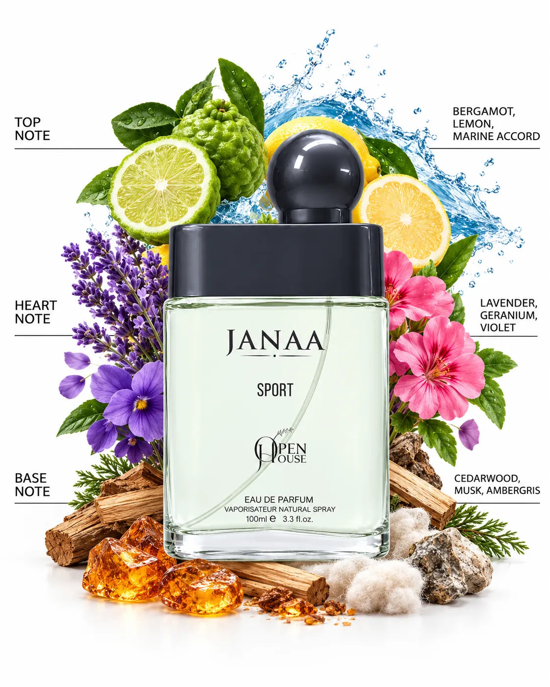 Janaa Sport 100ml Eau de Parfum transparent bottle with glossy grey cap