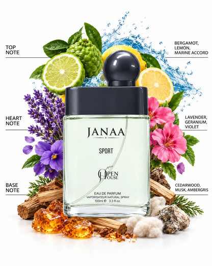 Janaa Sport 100ml Eau de Parfum transparent bottle with glossy grey cap