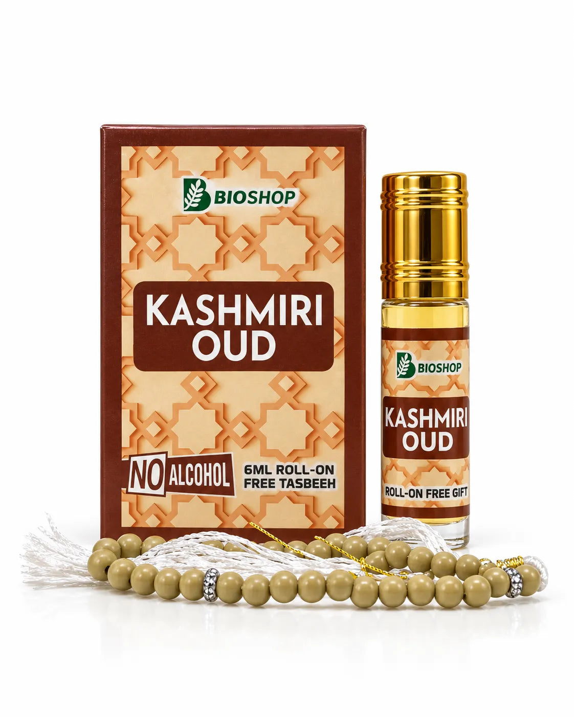 Bio Shop Kashmiri Oud 6ml attar box with a beige-and-brown geometric design, labelled alcohol-free with a free tasbeeh, on a white background.